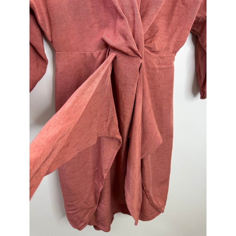 Anthropologie Tie-Front Wrap Mini Dress Size 8 Rust Viscose Linen 3/4 Sleeves - Picture 6 of 16